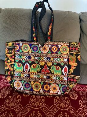 Black Embroidered Tote with Colorful Elephant and Floral Motifs